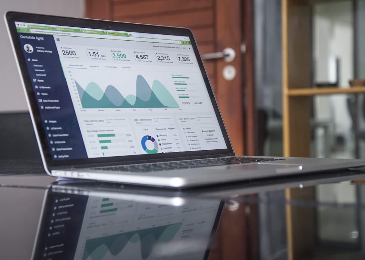 Modern workspace with analytics on screen